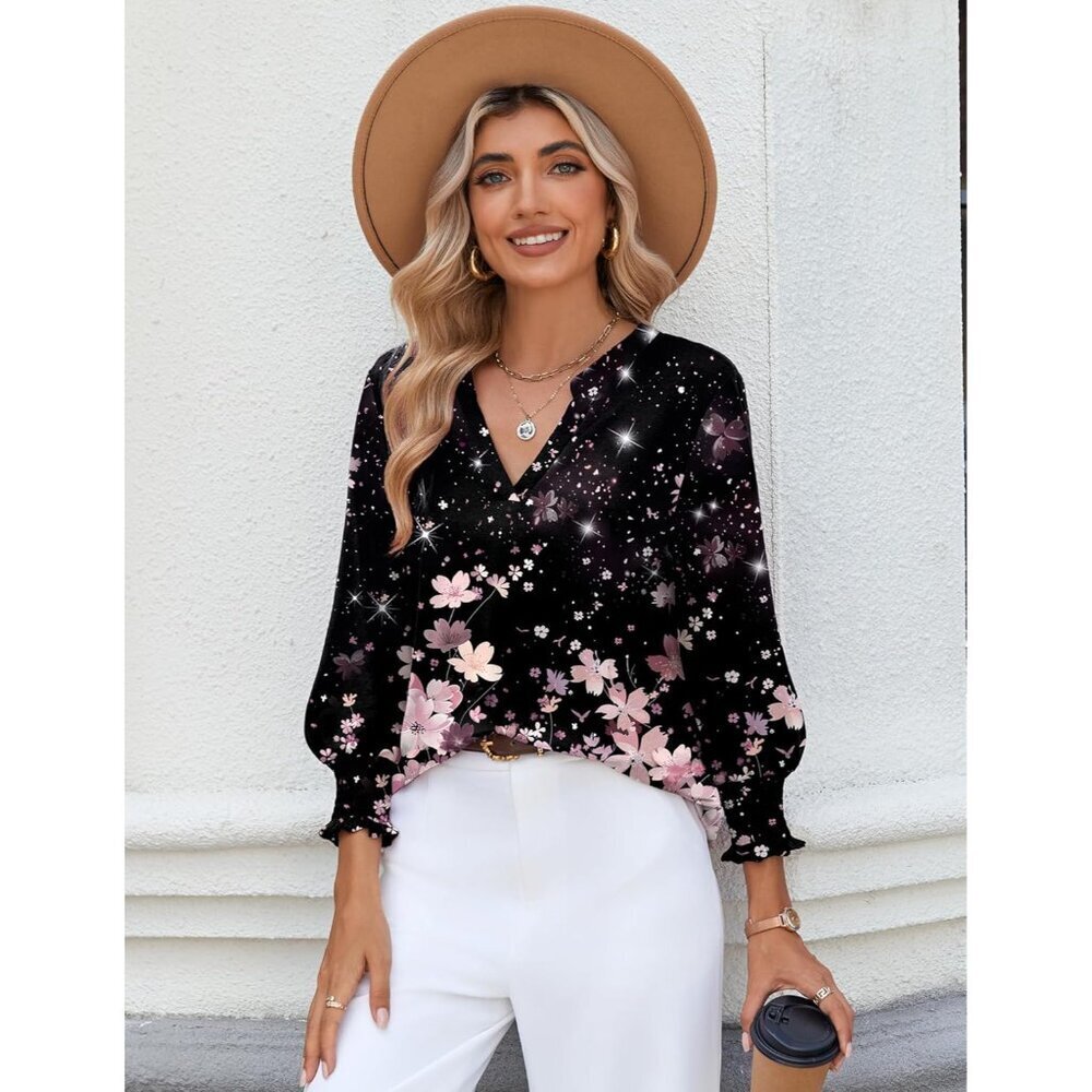 3/4 Length Sleeve Womens Tops 2025 Floral Womens Blouses V Neck TunicTops with S - Picture 6 of 6